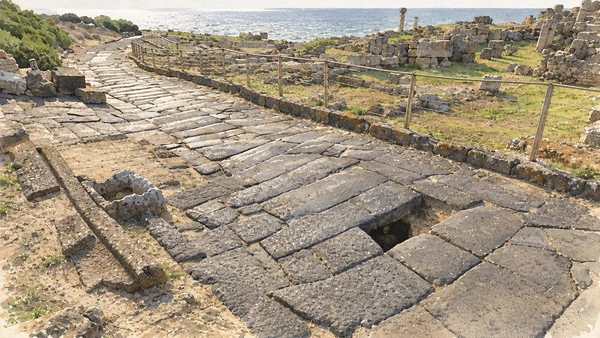 Watercolour: Tharros, close study of basalt street paving and a drainage opening