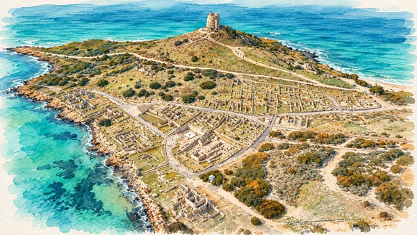 Watercolour: Tharros, aerial study of excavated urban remains, coastal slope and later hilltop tower