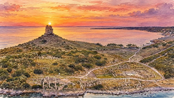 Watercolour: San Giovanni tower above Tharros, aerial coastal relationship in warm evening light