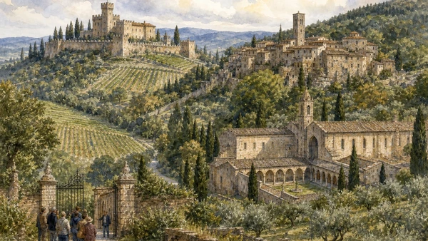 Original documentary watercolour of Brolio, Volpaia and Badia a Coltibuono within vineyards, olives and woods