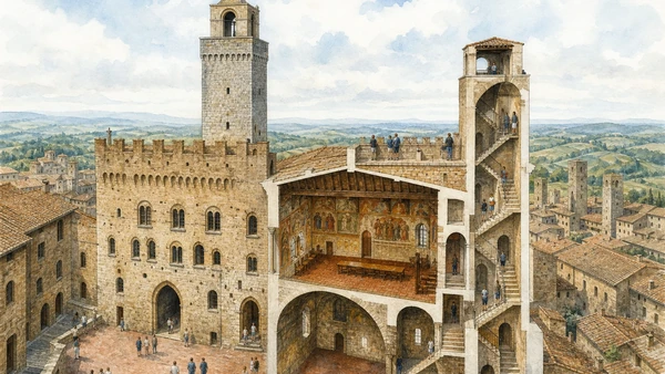 Original documentary watercolour cutaway of Palazzo Comunale, council chamber, Torre Grossa stairs and town panorama