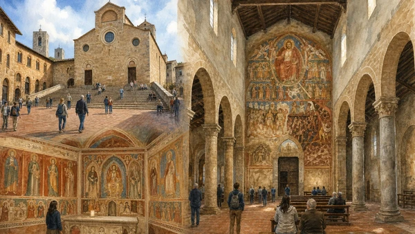 Original documentary watercolour of Piazza Duomo, the Collegiata interior, biblical frescoes and Santa Fina Chapel