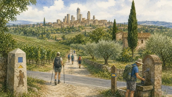 Original documentary watercolour of walkers, road crossing and water point on the Via Francigena approaching San Gimignano