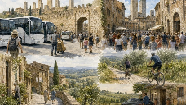 Original documentary watercolour of shuttle arrival, crowded gate, inhabited lanes, cyclists and sober winery transport