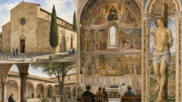 Original documentary watercolour of Sant'Agostino exterior, cloister and Benozzo Gozzoli frescoes