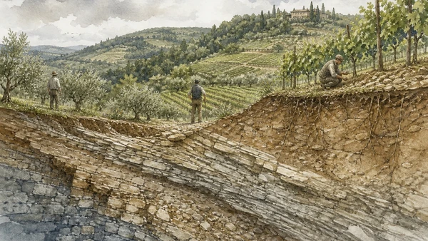 Original documentary watercolour cutaway of Chianti rocky soils, Sangiovese vines, olives and wooded ridges