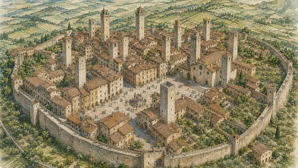 Original documentary watercolour aerial of San Gimignano towers, squares, double walls and internal orchards