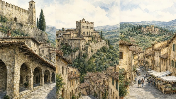 Original documentary watercolour triptych of Castellina, Radda and Gaiole showing their different urban forms