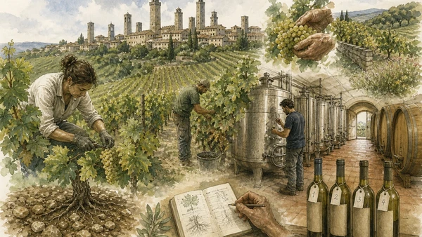 Original documentary watercolour of Vernaccia vineyard work, cellar practice and San Gimignano skyline