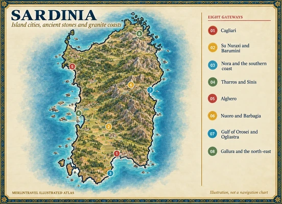 Illustrated map of Sardinia with eight numbered Merlintravel gateways