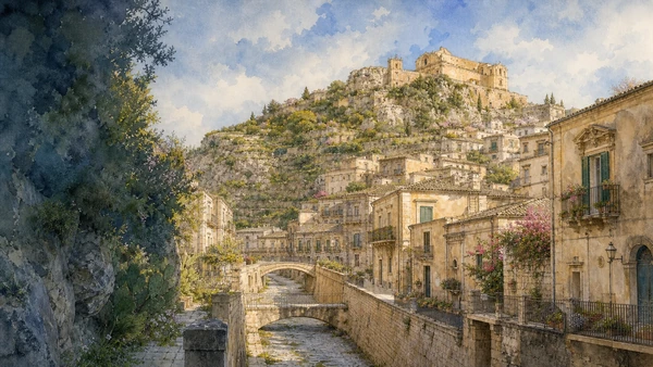 Documentary watercolour view of Scicli among limestone ravines with the urban channel, honey-coloured houses, the San Matteo ridge, church fronts and spring vegetation