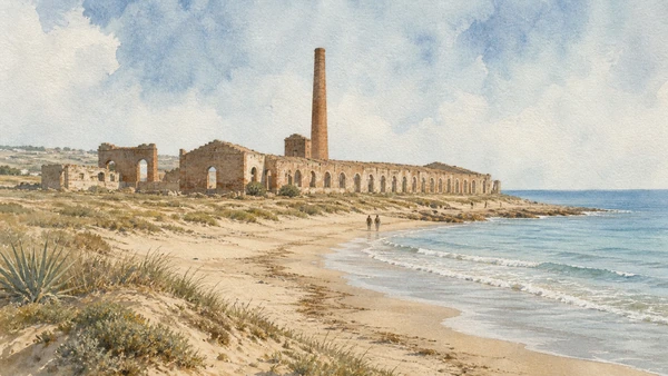 Documentary watercolour of the roofless Fornace Penna brick complex and chimney beside the beach and sea at Sampieri