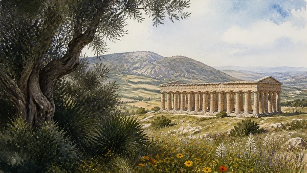 Documentary watercolour of Segesta's Doric temple, the green slopes of Monte Barbaro and the western Sicilian landscape