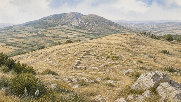 Documentary watercolour of Segesta's sparse archaeological terraces and fenced low foundations on dry Monte Barbaro above the cultivated western Sicilian valleys