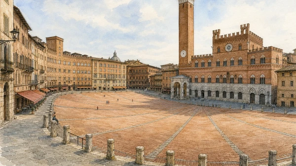 Original documentary watercolour of the shell-shaped Piazza del Campo in early morning