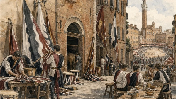 Original documentary watercolour of contrada preparation, stable care and communal tables