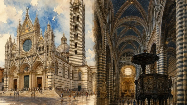 Original documentary watercolour of Siena Cathedral exterior and striped interior