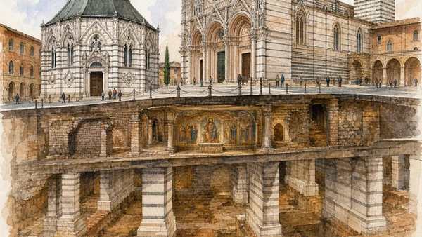 Original documentary watercolour cutaway of Siena Baptistery, Crypt and New Cathedral structure