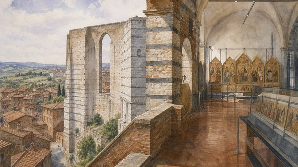Original documentary watercolour joining Siena's Facciatone panorama and Museo dell'Opera galleries