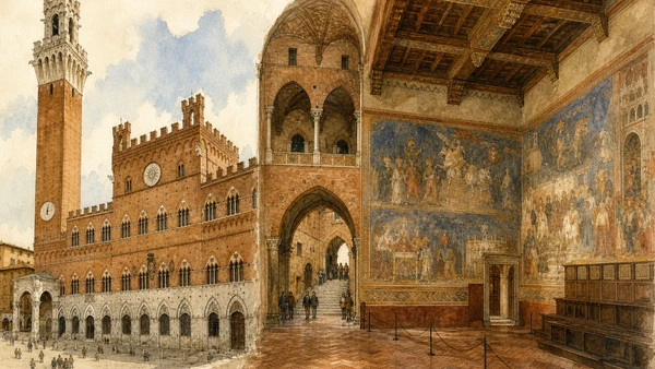 Original documentary watercolour joining Palazzo Pubblico and the civic fresco rooms