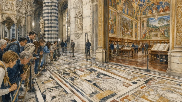 Original documentary watercolour of visitors reading the uncovered cathedral pavement and Piccolomini Library