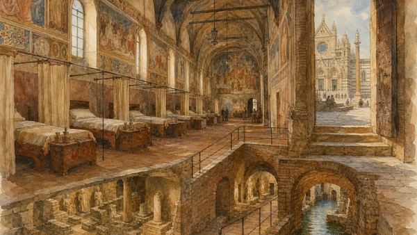 Original documentary watercolour of Santa Maria della Scala's Pilgrims' Hall and descending museum routes