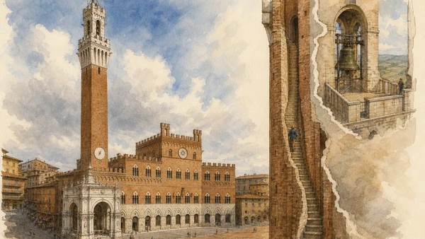Original documentary watercolour of Torre del Mangia, Cappella di Piazza and the narrow ascent