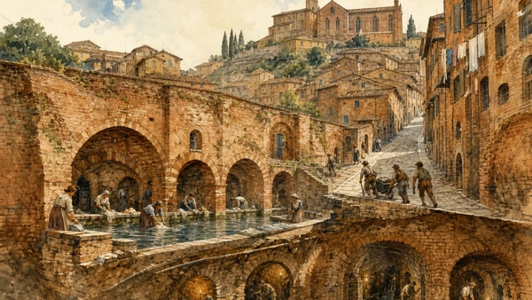 Original documentary watercolour of Fontebranda, underground bottini and Siena's steep water district