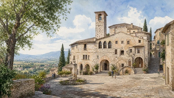 Original documentary watercolour of Piazza della Repubblica and Spello Town Hall opening toward the Umbrian valley