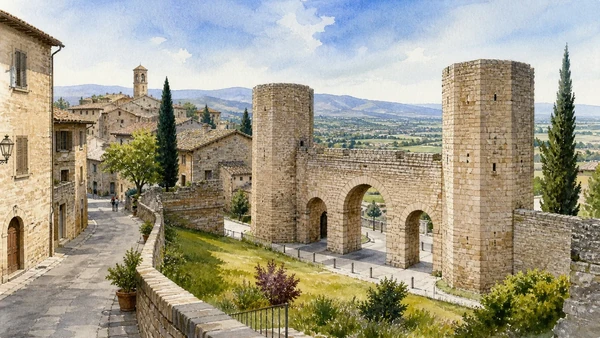 Original documentary watercolour of Porta Venere and the Towers of Propertius with Spello and the valley beyond