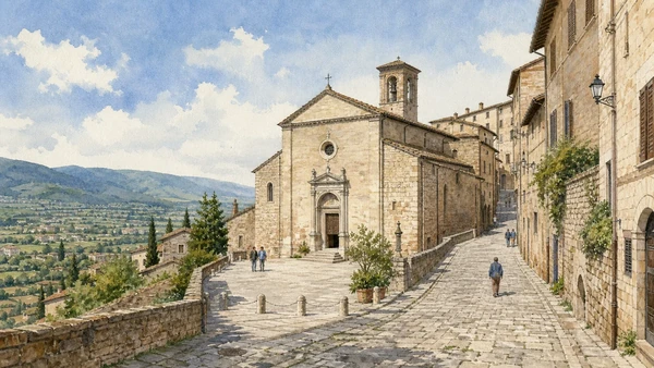 Original documentary watercolour of Santa Maria Maggiore embedded in Spello's climbing stone streets