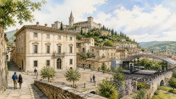Spoleto: Roman Theatre, Lombard Heritage and the Mountain 11 Original documentary watercolour showing Palazzo Collicola and the Festival city in its Spoleto urban or landscape context