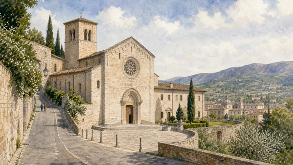 Spoleto: Roman Theatre, Lombard Heritage and the Mountain 5 Original documentary watercolour showing San Ponziano in its Spoleto urban or landscape context
