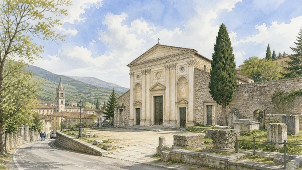 Spoleto: Roman Theatre, Lombard Heritage and the Mountain 4 Original documentary watercolour showing Basilica of San Salvatore in its Spoleto urban or landscape context