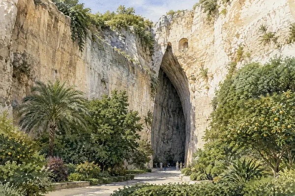 Syracuse and Ortigia: Three Millennia in One City 8 Watercolour view of the Ear of Dionysius cave entrance in the Latomie del Paradiso