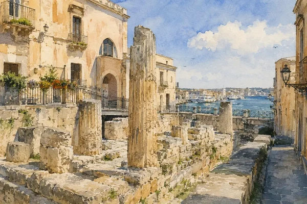 Syracuse and Ortigia: Three Millennia in One City 2 Watercolour view of the Temple of Apollo ruins within the streets of Ortigia