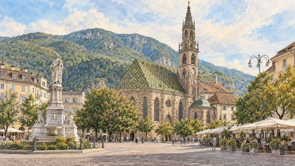 Bolzano / Bozen — A documented guide 2 Watercolour: Bolzano Cathedral, its patterned roof and Gothic spire.