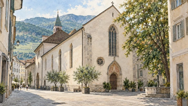 Bolzano / Bozen — A documented guide 3 Watercolour: The Dominican church beside an urban square.