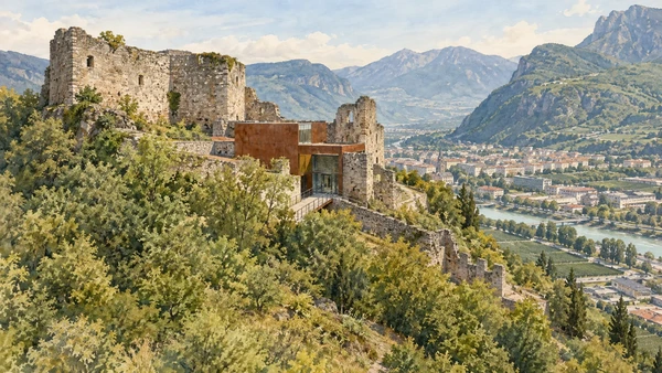Bolzano / Bozen — A documented guide 11 Watercolour: The stone walls of Castel Firmiano on its wooded hill.