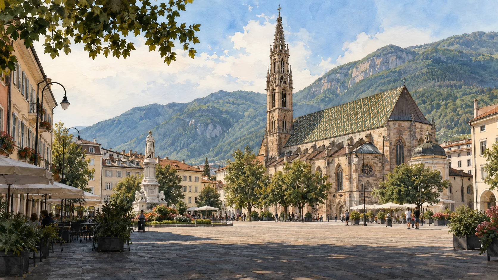 Bolzano / Bozen — A documented guide 1 Editorial watercolour establishing view for Bolzano / Bozen