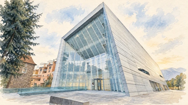 Bolzano / Bozen — A documented guide 9 Watercolour: Museion’s glazed entrance facade and solid metal-clad side.