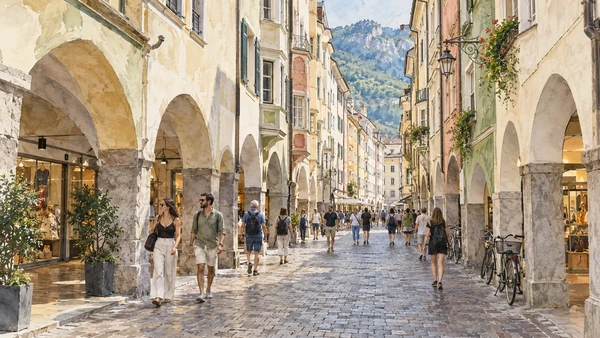 Bolzano / Bozen — A documented guide 4 Watercolour: Pastel townhouses and the covered arcades of Via dei Portici.