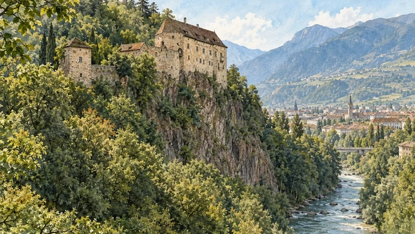 Bolzano / Bozen — A documented guide 10 Watercolour: Runkelstein Castle on a wooded porphyry outcrop.