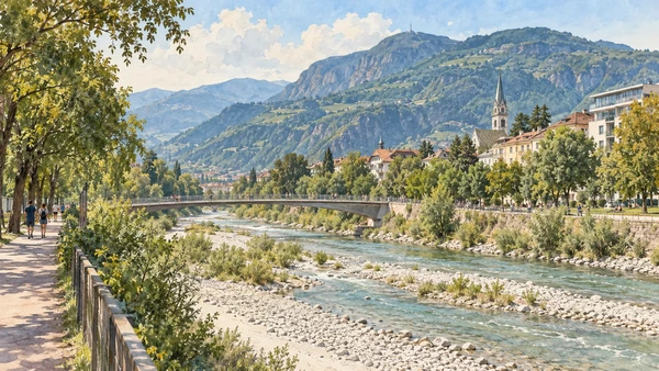 Bolzano / Bozen — A documented guide 7 Watercolour: The Talvera riverbed, park and bridge in Bolzano.