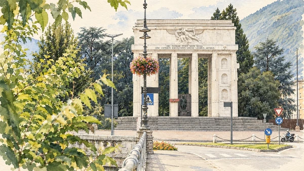 Bolzano / Bozen — A documented guide 8 Watercolour: The Victory Monument’s marble columns and inscribed entablature.