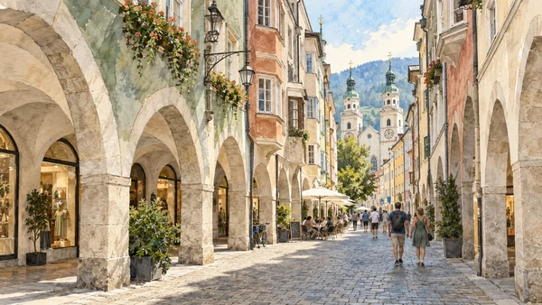 Bressanone / Brixen — A documented guide 6 Watercolour: Covered arcades along a narrow historic street in Brixen.
