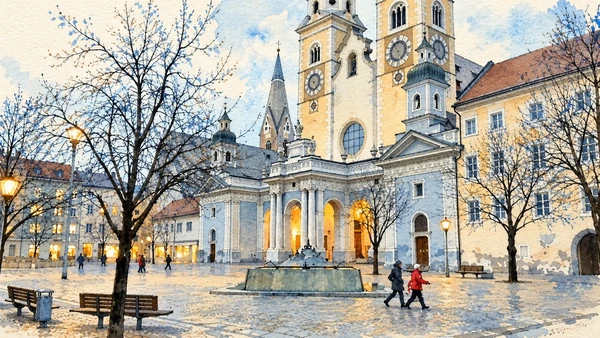 Bressanone / Brixen — A documented guide 2 Watercolour: Brixen Cathedral’s entrance portico, round window and clock towers.
