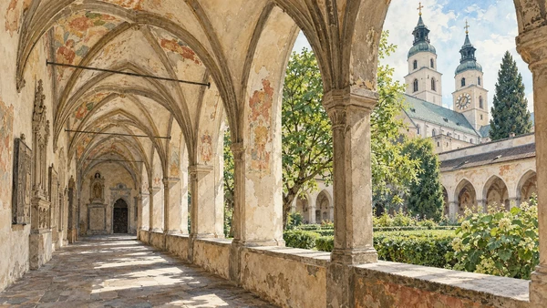 Bressanone / Brixen — A documented guide 3 Watercolour: The cathedral cloister’s vaulted arcade and painted surfaces.