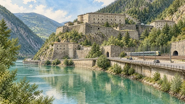 Bressanone / Brixen — A documented guide 10 Watercolour: The granite blocks of Franzensfeste beside the reservoir and transport routes.