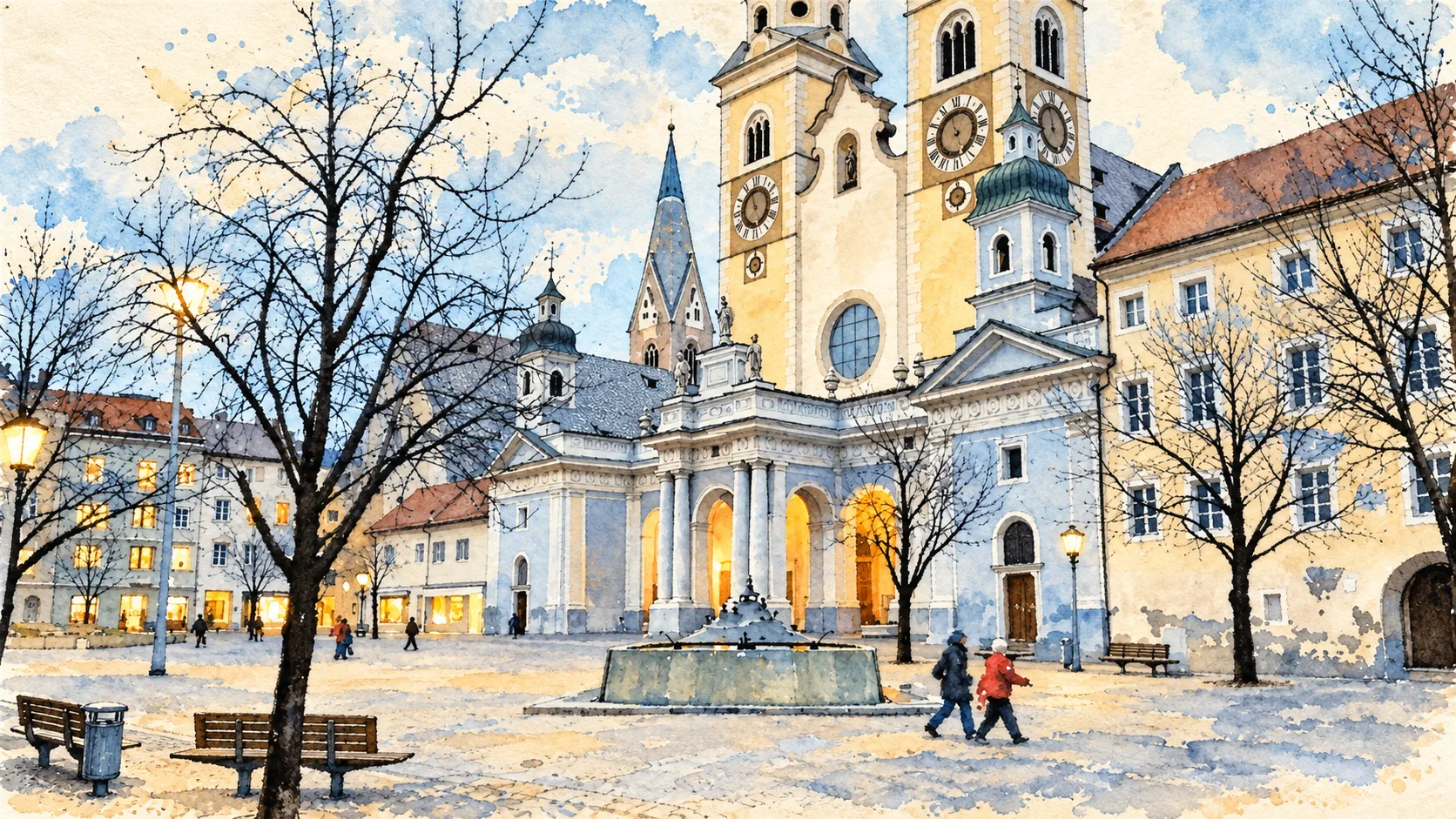 Bressanone / Brixen — A documented guide 1 Editorial watercolour establishing view for Bressanone / Brixen
